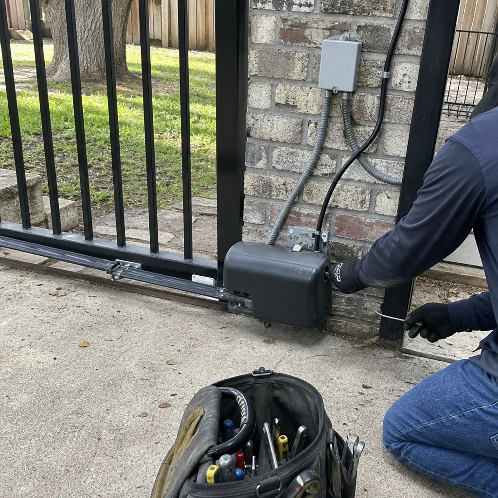 Technician performing professional electric gate motor repair and maintenance