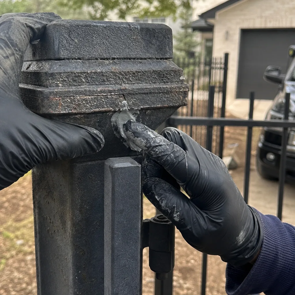 Gloved hands applying epoxy putty to repair a metal gate post
