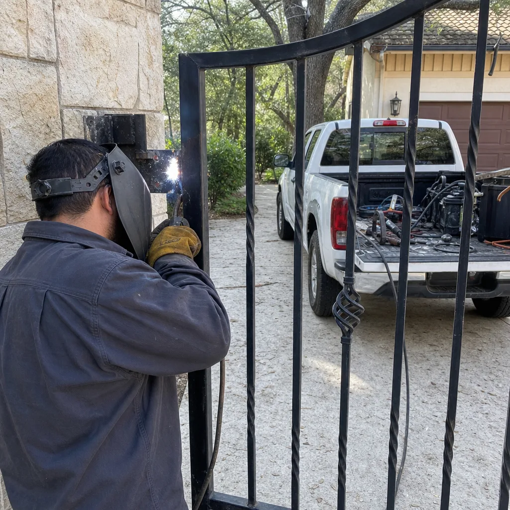 Professional welding technician repairing a decorative metal driveway gate
