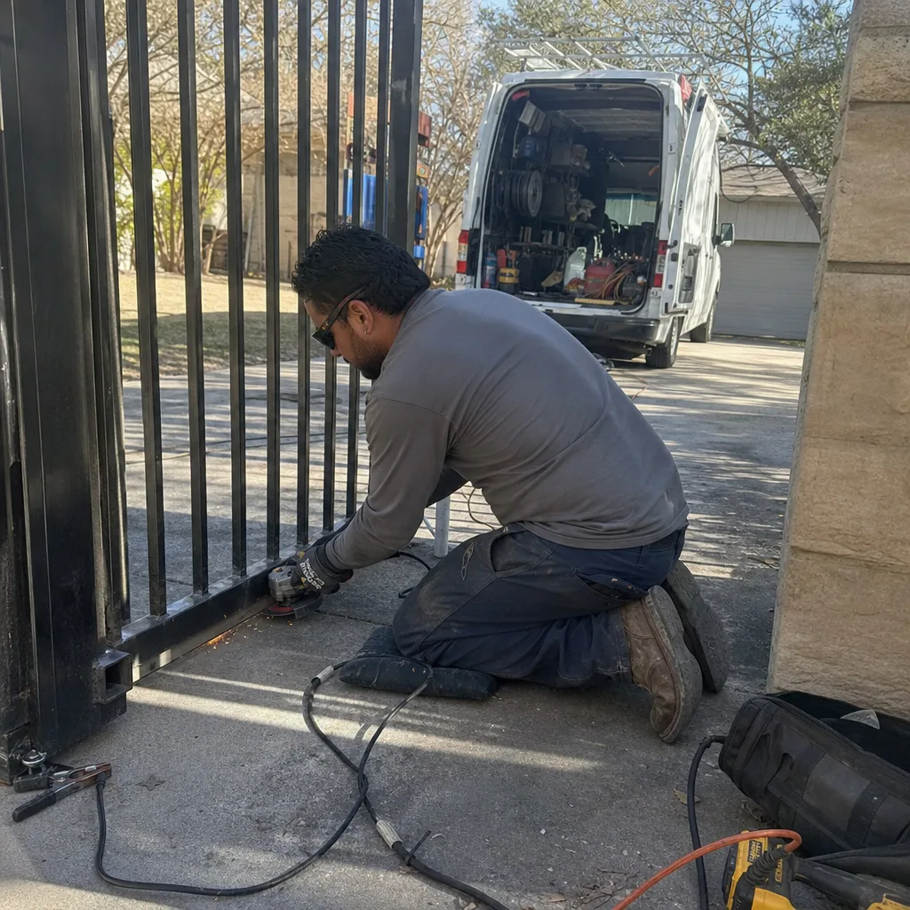 Technician using an angle grinder for metal gate repair services.